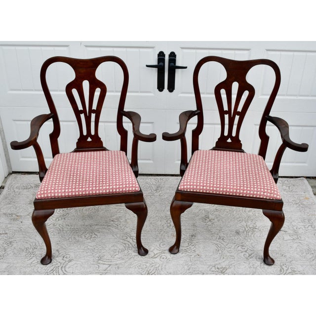 Antique Mahogany Chairs Queen Anne Style Burl Wood Armchairs Pair For Sale - Image 4 of 13