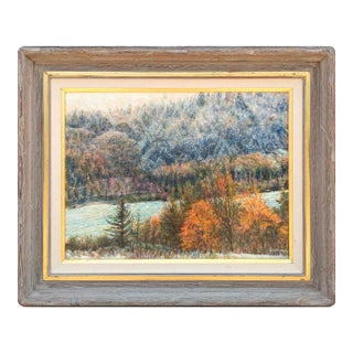 Robert Boyle “First Snowfall” Naturalistic Winter Mountain Landscape of a River Through Trees, 1990 For Sale