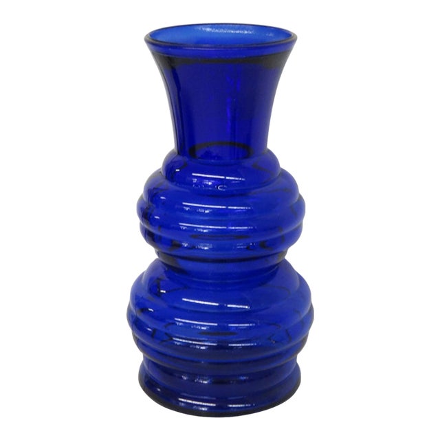 Indiana Glass Cobalt Blue Vase Double Stacked Beehive Design Made in Usa 4877b For Sale