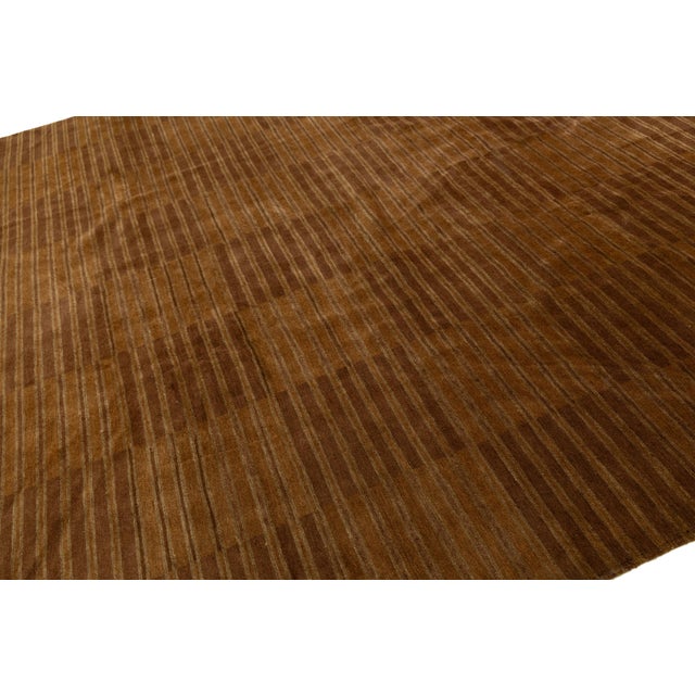 Modern Nepalese Tibetan Wool & Silk Rug With Minimalist Brown Stripes Design For Sale In New York - Image 6 of 9