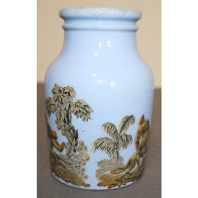 Circa 1880 English Victorian Prattware Pottery Blue Transferware Boar Hunt Scene Motif Mustard Jar For Sale - Image 4 of 8
