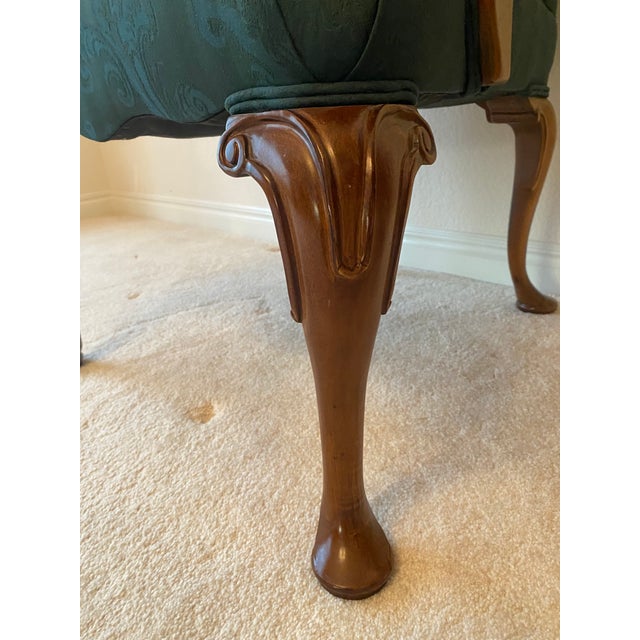 Late 20th Century Pennsylvania House Emerald Green Damask Style Upholstry and Carved Cherry Wood Dearborn Exquisitely Unique Vintage Chair Excellent Condition For Sale - Image 5 of 11