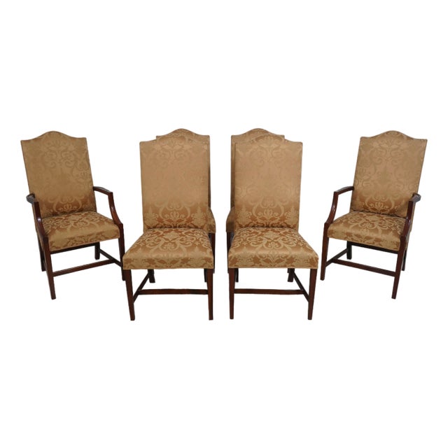 Set of 6 Mahogany Gold Damask Upholstered Dining Chairs For Sale