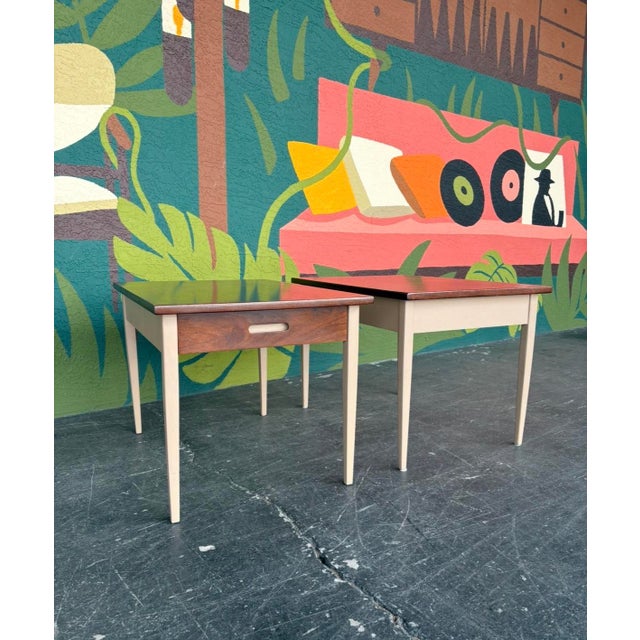 Mid Century Modern rectangular side or end tables by Jens Risom for Knoll from the 1960’s. They feature a single drawer,...