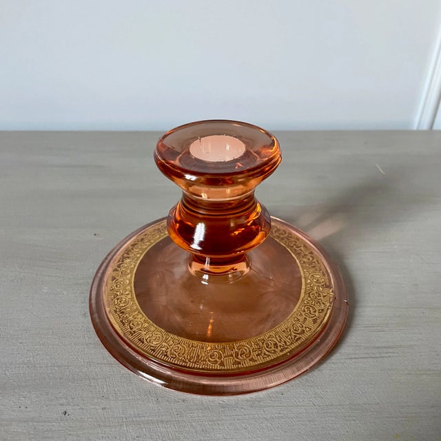 Vintage Depression Era Sandwich Glass Candle Holder With Gold Paint Accent and Etched Floral Design For Sale - Image 4 of 10