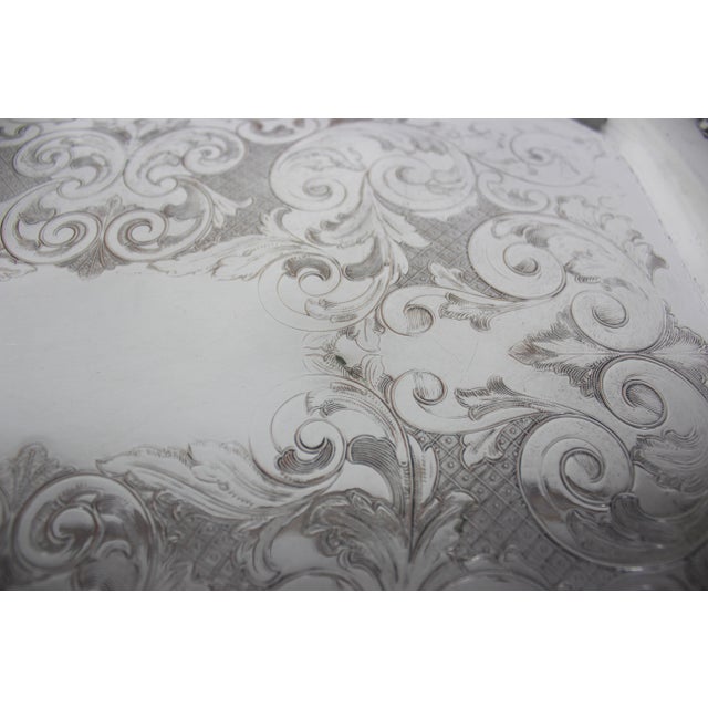 Extra Large Butler’s Tray Silver Plated Rectangular Platter Vintage Plate Ornate Handles Embossed Serving For Sale - Image 4 of 10