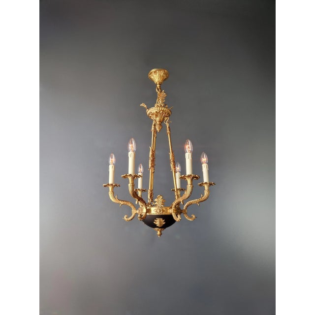 Art Deco Small Brass Empire Lustre Chandelier in Antique Gold Finish For Sale - Image 3 of 12