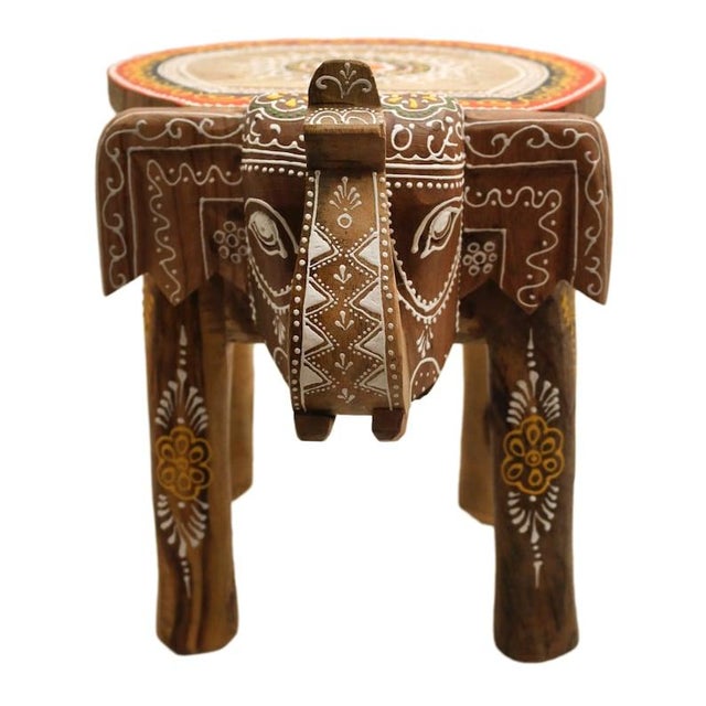 Elephant Stool Mango Wood Handmade With Mandala Painting Plant Stool Decoration For Sale - Image 4 of 10