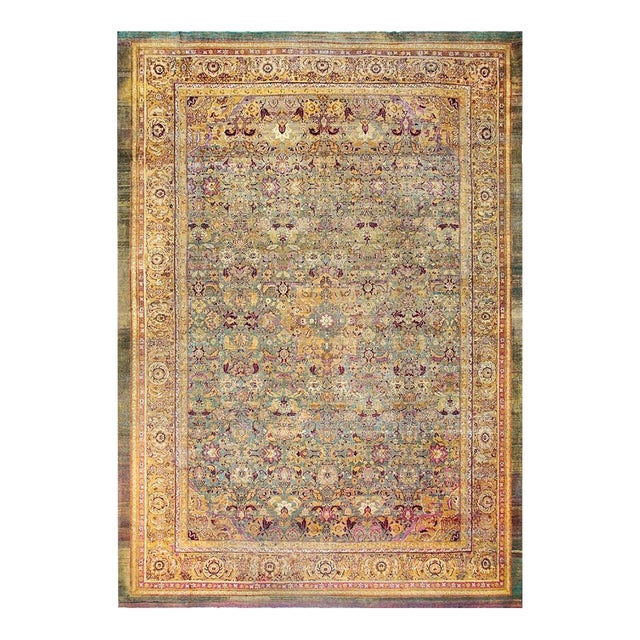 1880s Green Field Shah Abbas Geometric Large Size Antique Indian Amritsar Rug For Sale
