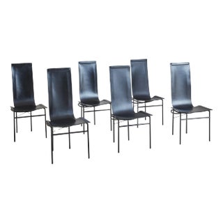 Set of 6 Black Leather Sling Dining Chairs, Italy 1980s For Sale