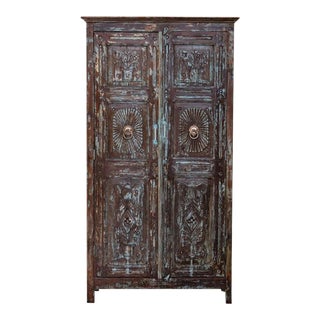1920s Rustic Sunrays Hand-Carved Storage Cabinet For Sale