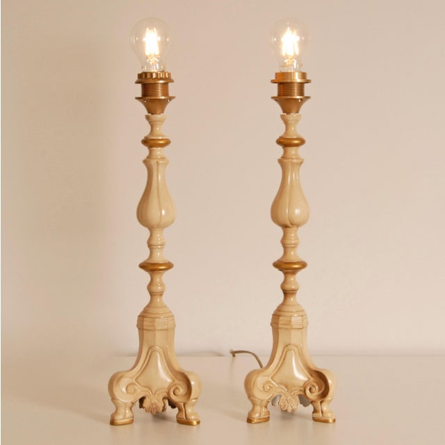 Cream 1980s Vintage Table Lamps France Cream With Gold - a Pair For Sale - Image 8 of 9