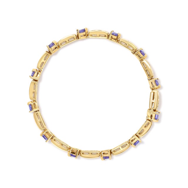 Contemporary 14K Yellow 5MM Trillion Cut Blue Tanzanite and 1 1/10 Cttw Diamond Tennis 7" Inches Bracelet (H-I Color, I1-I2 Clarity) For Sale - Image 3 of 6