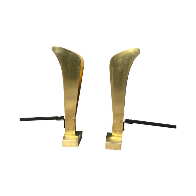 1940s Pair of Vintage 1940s Art Deco Machine Age Solid Brass Andirons / Chenets Fireplace Log Holder Attributed to Donald Deskey For Sale - Image 5 of 9