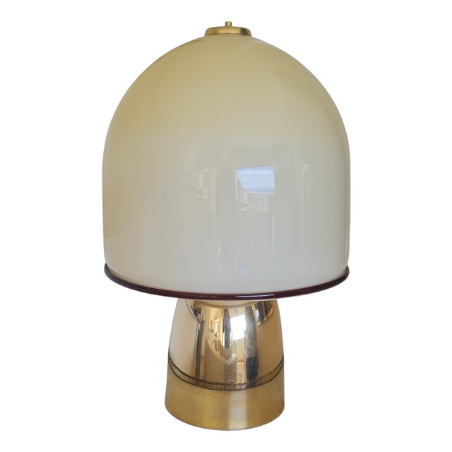 Mid-Century Italian Mushroom Table Lamp in Opaline Murano Glass Dome and Polished Brass, 1970s For Sale