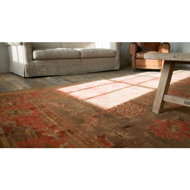 Extraordinary Turkish Oushak Decorative Taupe Field With Occasional Abrash Rigorous Design For Sale - Image 9 of 10