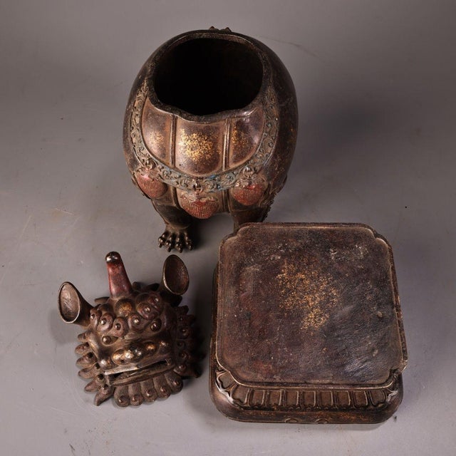Antique Bronze Guardian Lion Censer – 11.8" Foo Dog Incense Burner on Pedestal For Sale In Los Angeles - Image 6 of 7