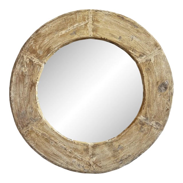 Vintage Large Wood Wheel Mirror For Sale