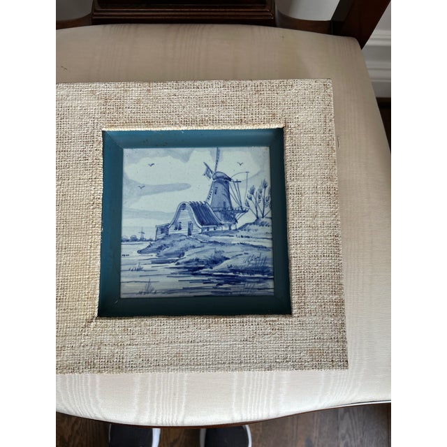 Mid 20th Century Mid-Century Dutch Delft Blue Hand-Painted Windmill Tile in Linen Frame For Sale - Image 5 of 10