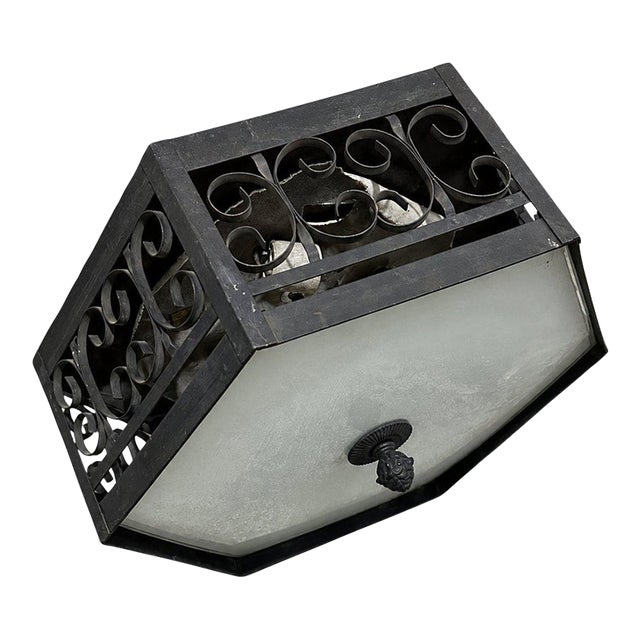 Vintage Spanish Revival Style Hexagon Wrought Iron Flush Mount Light Fixture For Sale