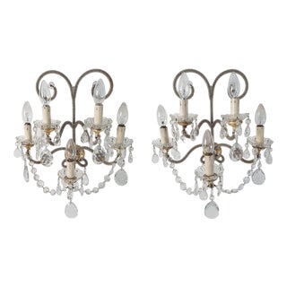 Italian Rococo Wall Sconces in Gold Iron, Crystal and Glass Beads, 1950s, Set of 2 For Sale
