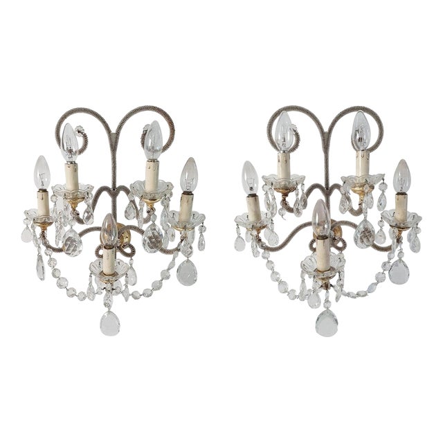 Italian Rococo Wall Sconces in Gold Iron, Crystal and Glass Beads, 1950s, Set of 2 For Sale