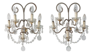 Italian Rococo Wall Sconces in Gold Iron, Crystal and Glass Beads, 1950s, Set of 2