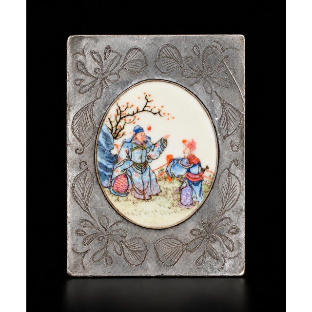 Gray Chinese Antique Pewter Box W Finely Painted Porcelain 1920s Republic Era For Sale - Image 8 of 13