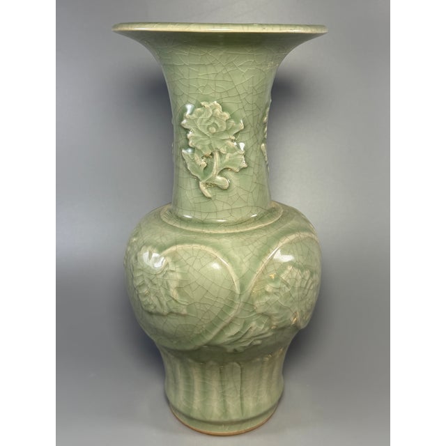 Green Antique Chinese Longquan Celadon Carved Floral Vase For Sale - Image 8 of 8