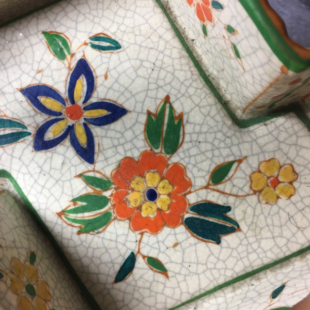 Mid 20th Century Vintage Hand Painted Floral Design 8 Sided Handled Basket For Sale - Image 5 of 13