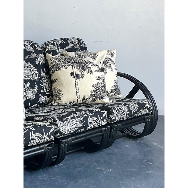 Vintage Black Rattan Sofa in Quadrille “Royal Journey” For Sale - Image 15 of 18