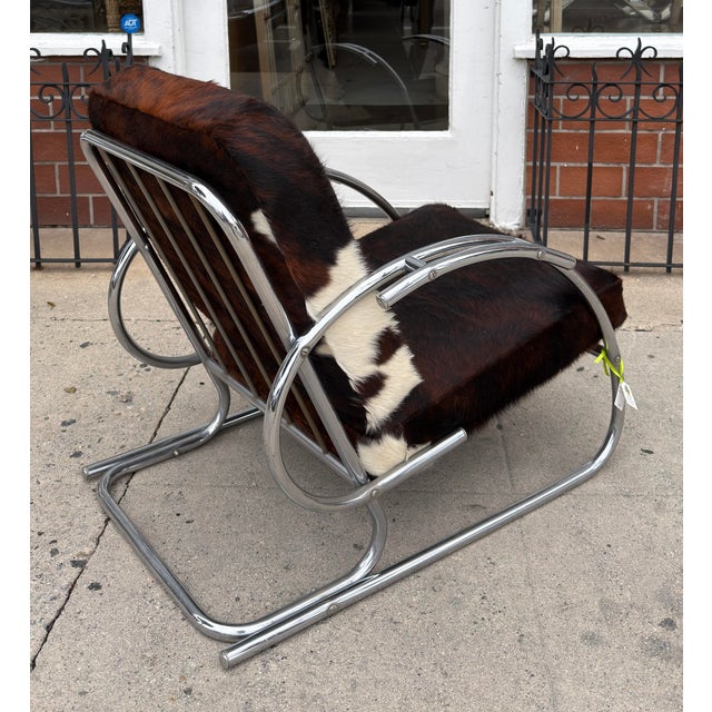 Metal Streamline Moderne Art Deco Tubular Chrome Chair W Cowhide Leather For Sale - Image 7 of 7
