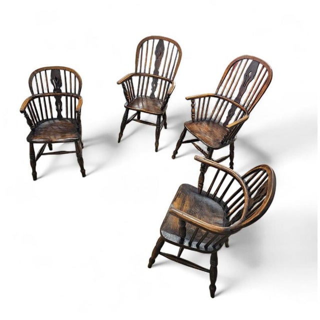 Antique Windsor High Spindle Back Armchairs in Elm Wood, 1800s, Set of 4 For Sale - Image 16 of 16