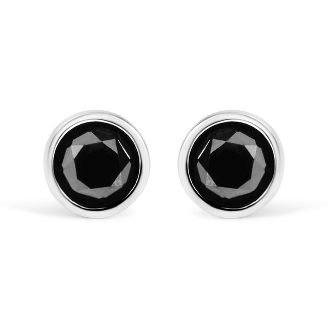 .925 Sterling Silver 2.00 Cttw Round Brilliant-Cut Black Diamond Bezel-Set Stud Earrings with Screw Backs (Fancy Color-Enhanced, I2-I3 Clarity) For Sale