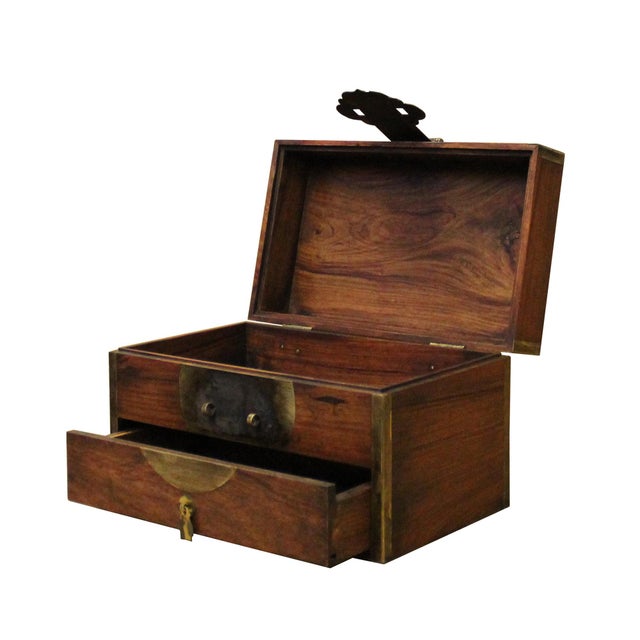 Chinese Small Brown Wood Rectangular Storage Jewelry Box Chest