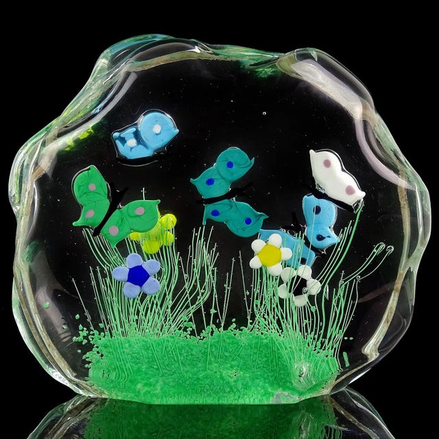 Figurative Murano Flying Butterfly Colorful Wild Flower Garden Scene Vintage Italian Art Glass Block Sculpture For Sale - Image 3 of 10