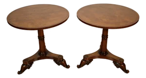 Pair of 1930s English Regency Style Burl Maple Accent Tables Side Tables