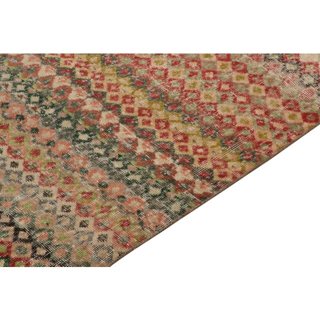 1960s 1960s Vintage Turkish Rug in Red, Green and Pink Geometric Pattern, Distressed For Sale - Image 5 of 7
