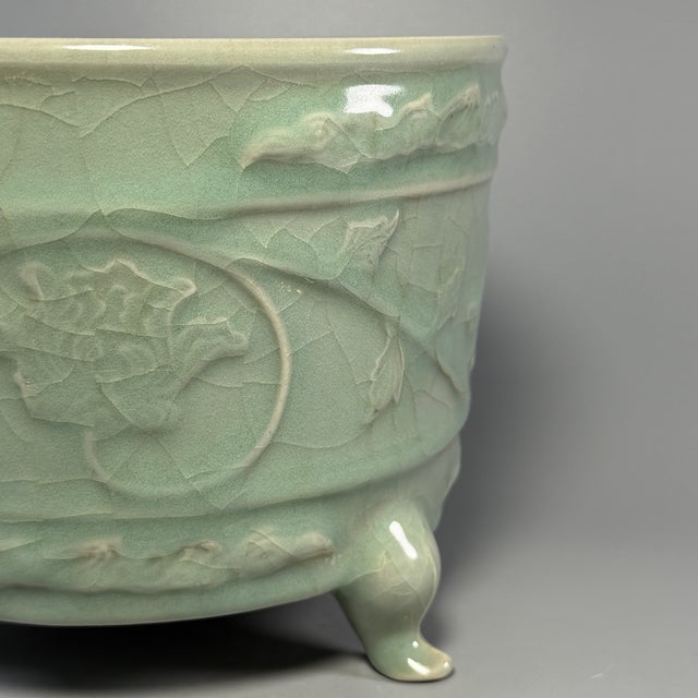 Antique Chinese Celadon Tripod Censer With Carved Floral Motifs, Collectible Antique For Sale - Image 4 of 7