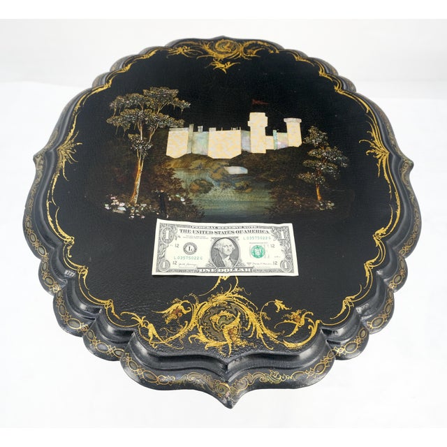 Black English Papier-Mache Black Gold Mother of Pearl Antique c1900s Lamp Table Clean! For Sale - Image 8 of 13