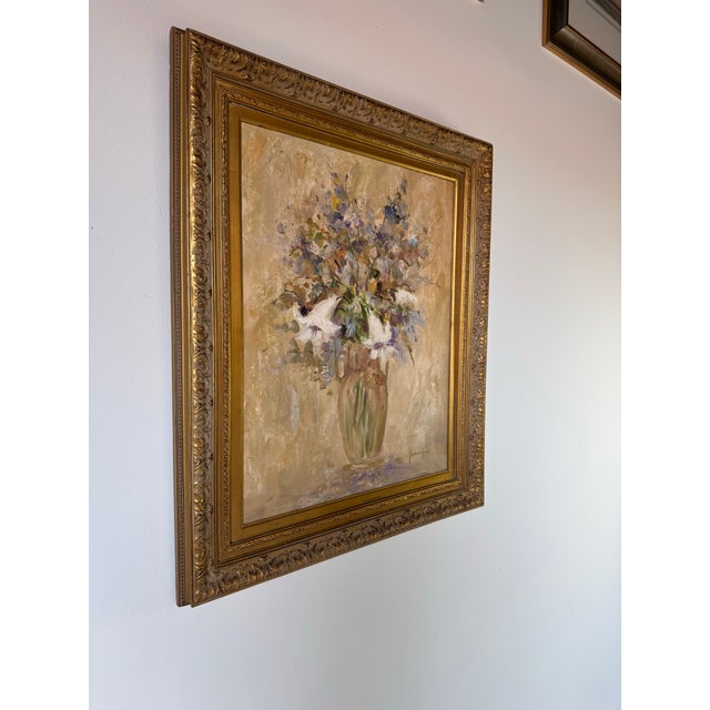 A romantic and expressive 1980s vintage oil on canvas still life painting by artist Jennifer, depicting a lush bouquet of...