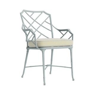 Brown Jordan Calcutta Arm Chair in Harbor with Peal Green Stripe and Artic Welt Cushions For Sale