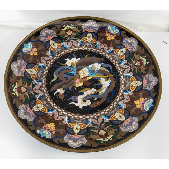 19th Century Japanese Large 14" Cloisonne Enamel Charger With Phoenix For Sale - Image 12 of 12
