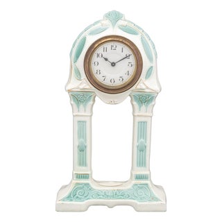 German Art Deco Blue & White Ceramic Mantle Clock For Sale