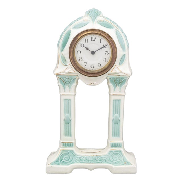 German Art Deco Blue & White Ceramic Mantle Clock For Sale