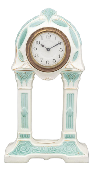 German Art Deco Blue & White Ceramic Mantle Clock