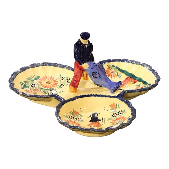 Mid-20th Century French Hand Painted Faience Dish Signed Hb Quimper For Sale