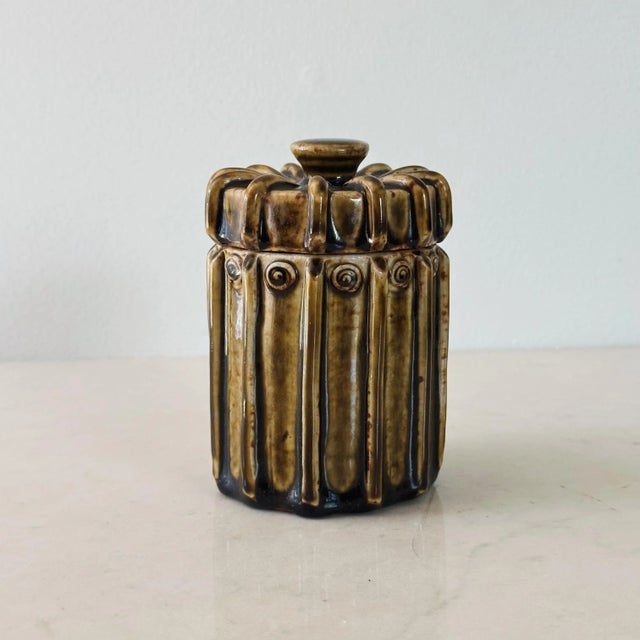 Mid-Century Pottery Lidded Crown Jar in Green Ochre Glaze For Sale - Image 9 of 9