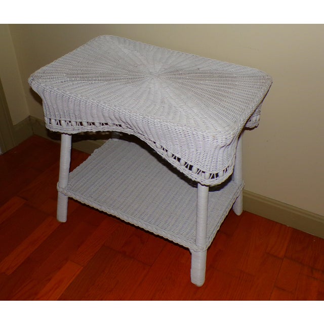 Vintage White Draped Wicker Rattan Sculpted Beaded Coffee Table Plant Stand For Sale - Image 11 of 18