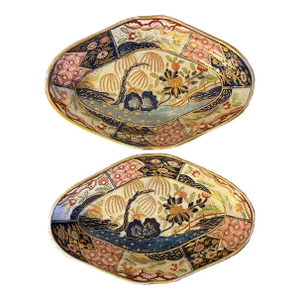 Antique Early 19th Century Coalport Porcelain Imari or Japan Rock & Tree Pattern Lozenge Shaped Porcelain Dessert Dish 1805 - a Pair
